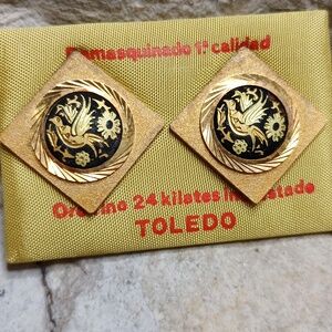 Vintage 24k Gold Plated Toledo Damascene Clip on Earrings